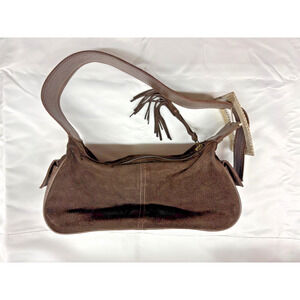 Brown Suede Shoulder Bag Western Style Wide Strap Tassel Zip Purse